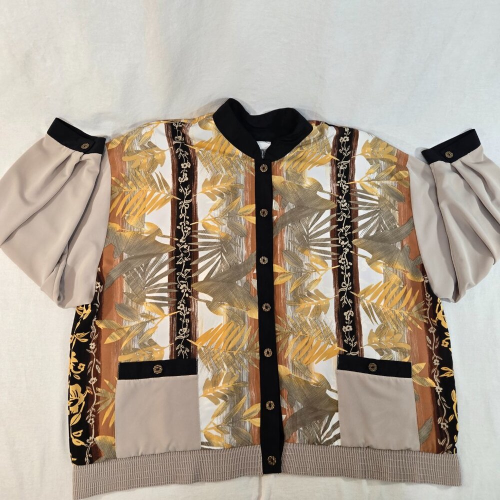 USA Made PETER POPOVITCH Vintage Retro Silky Tan  Floral Bomber Jacket Size X-L. - Picture 5 of 16